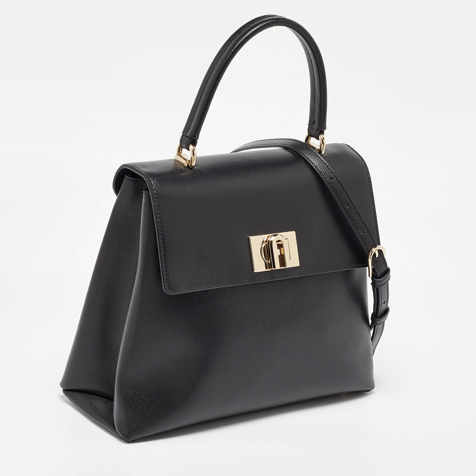 Furla Black Leather 1927 Flap Top Handle Bag