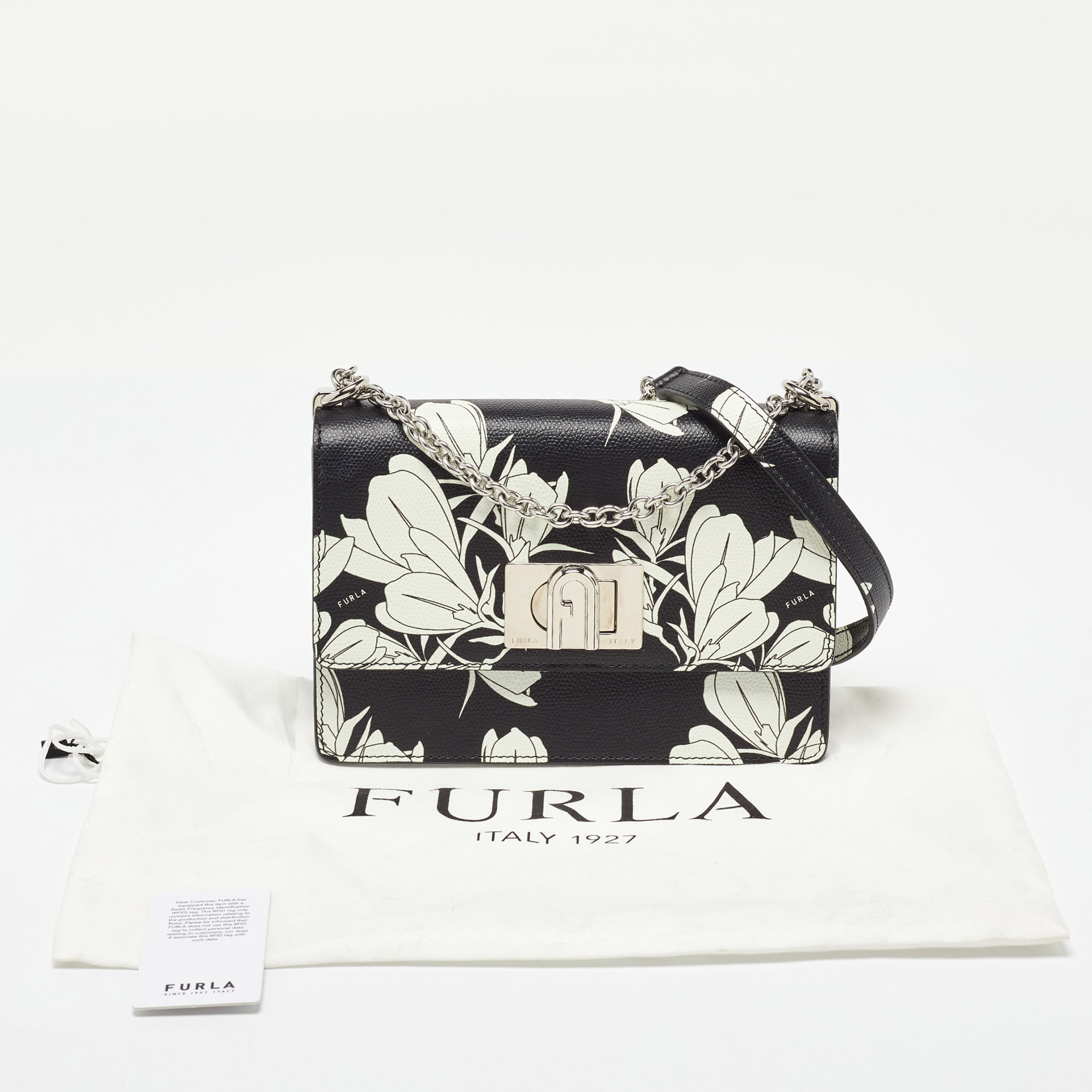 Furla Black/White Leather Floral Print 1927 Mini Crossbody Bag