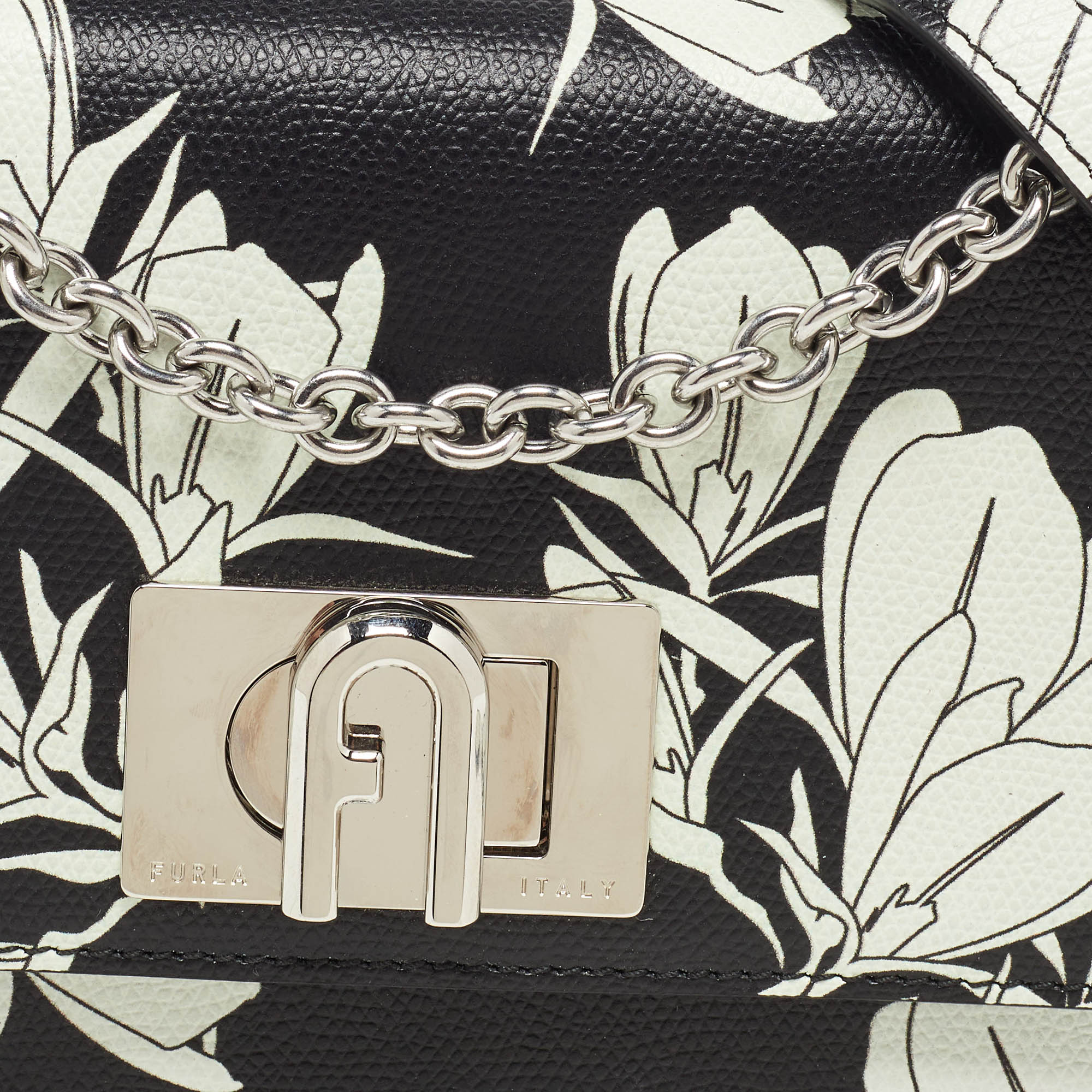 Furla Black/White Leather Floral Print 1927 Mini Crossbody Bag