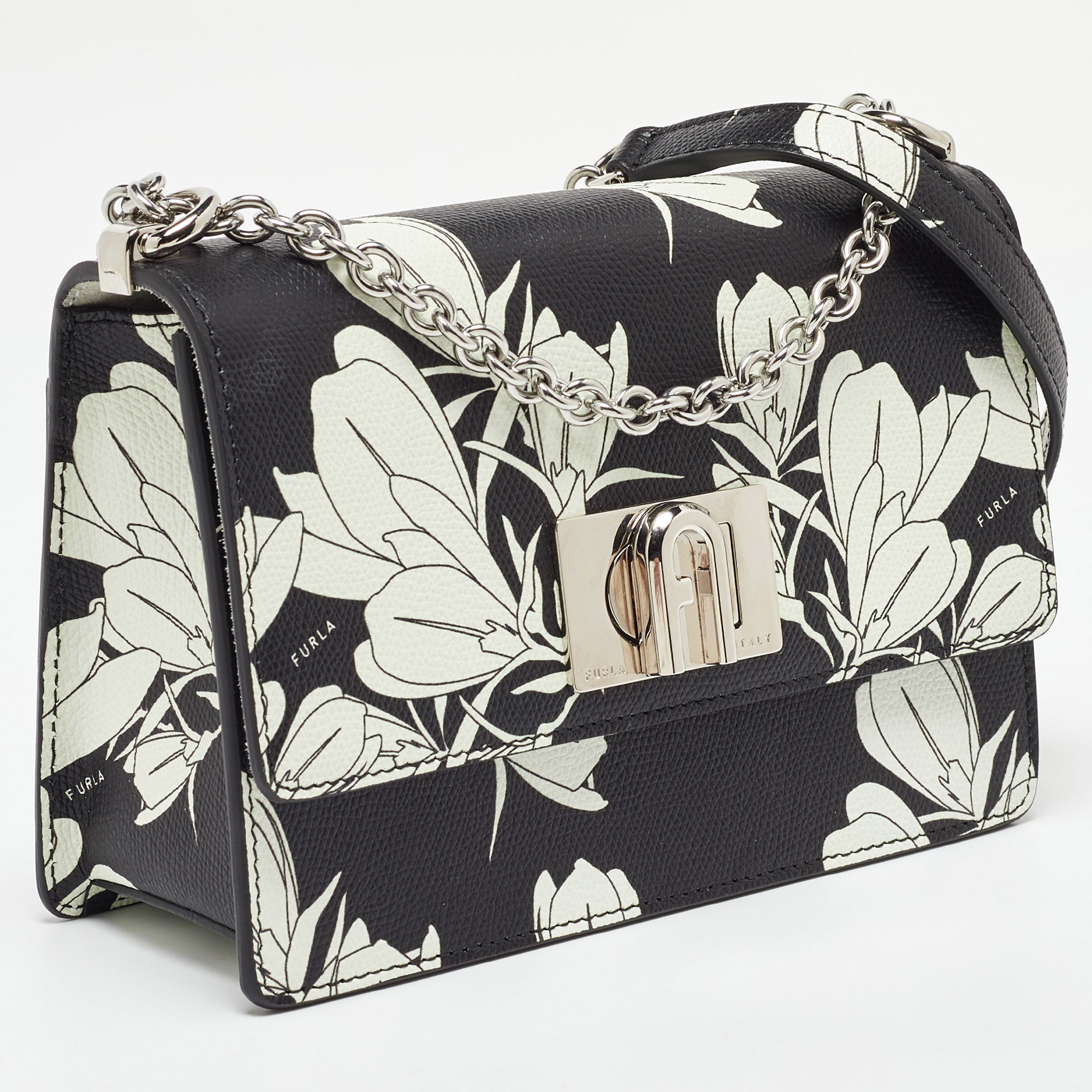 Furla Black/White Leather Floral Print 1927 Mini Crossbody Bag