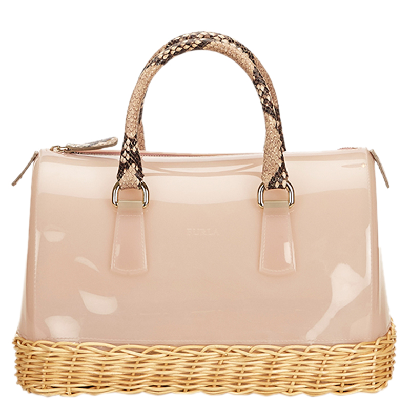 Image of Furla Pink Glossy Rubber/Straw Candy Satchel Bag
