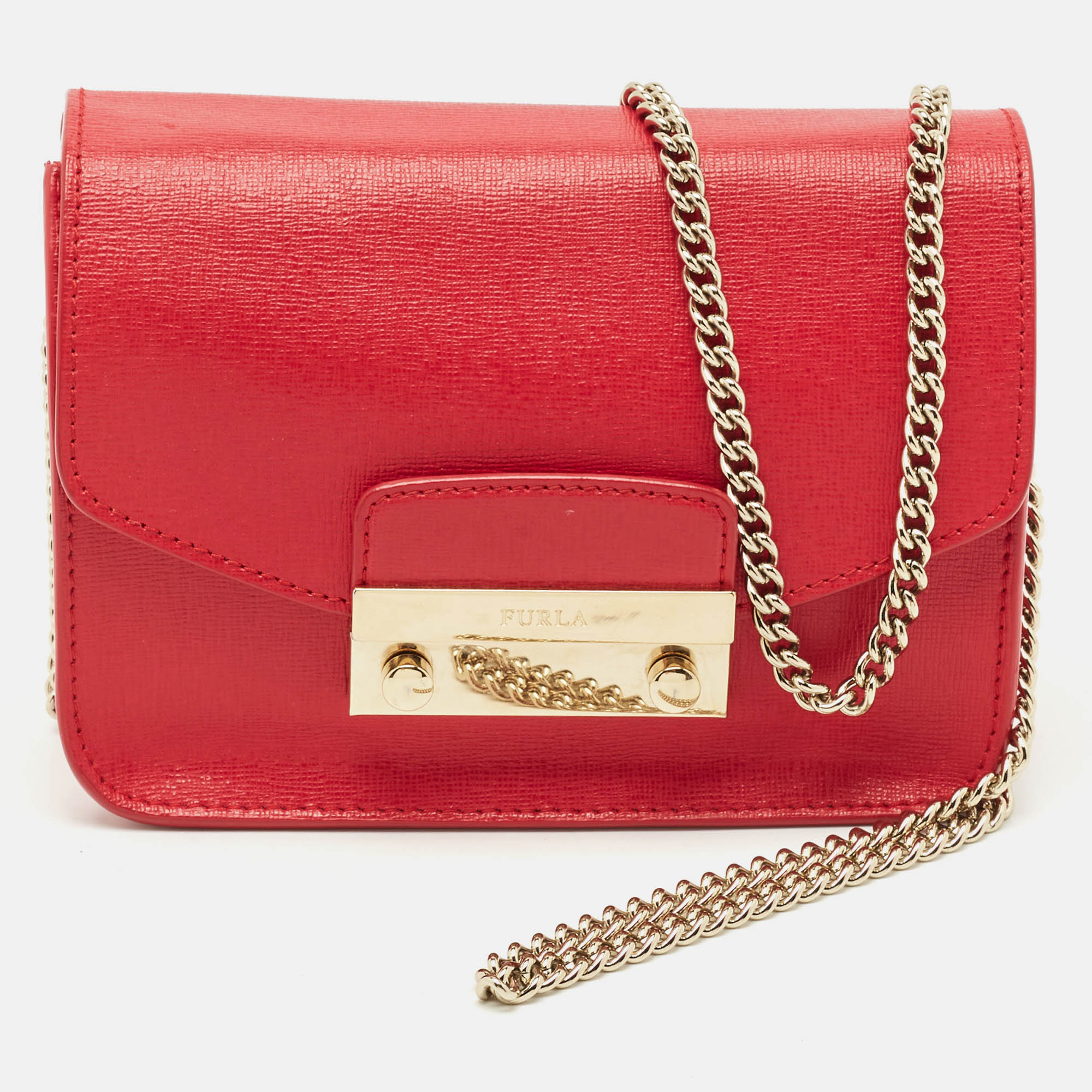 Furla Red Leather Mini Metropolis Chain Shoulder Bag