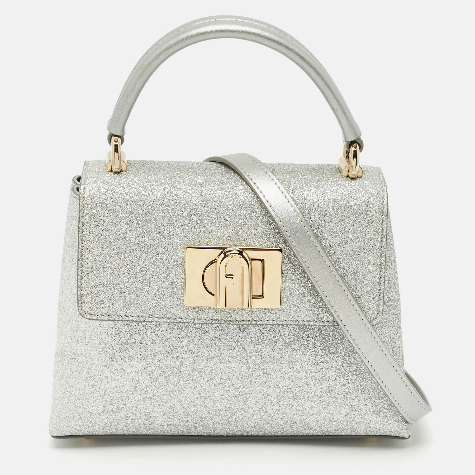 Furla Silver Glitter and Leather Mini 1927 Top Handle Bag