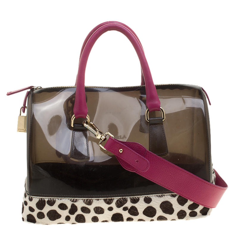 Image of Furla Black/Fuchsia Glossy Rubber and Leather Leopard Detailed Candy Satchel