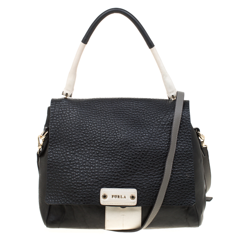 Image of Furla Black And White Leather Top Handle Bag
