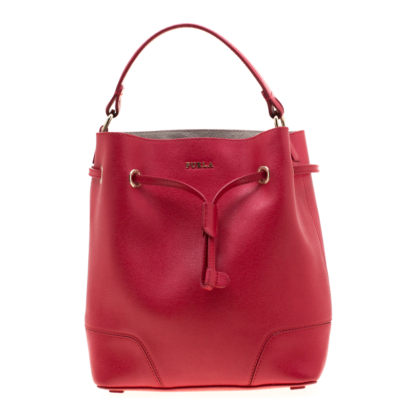 Image of Furla Red Leather Stacy Drawstring Bucket Bag