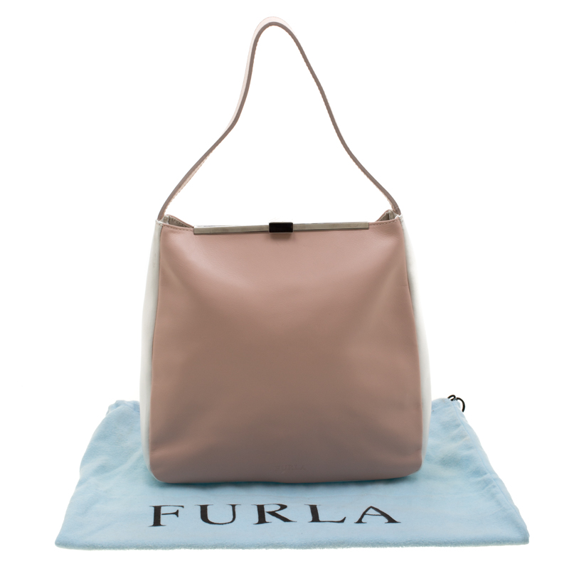 Furla Pink Blush/White Leather Frame Lock Tote