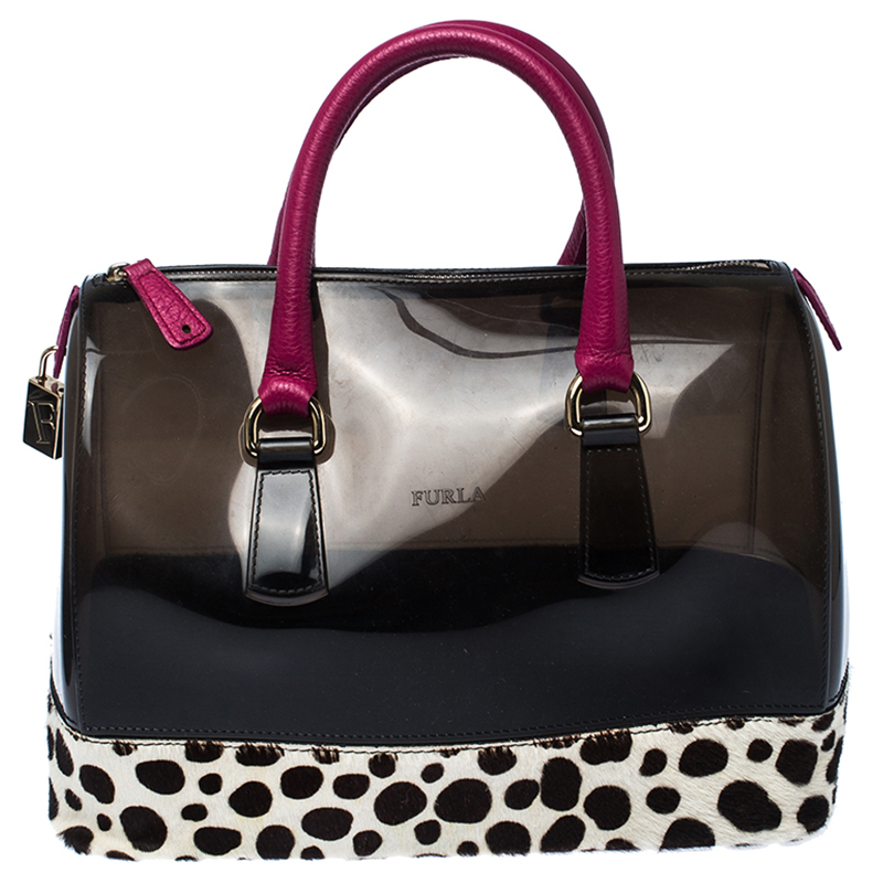 Image of Furla Black/Fuchsia Rubber and Leather Leopard Detailed Candy Satchel