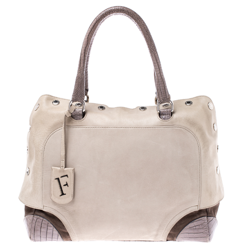 Image of Furla Beige/Grey Leather and Suede Snap Button Satchel