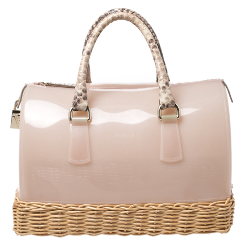 Image of Furla Pink/Beige Glossy Rubber and Rattan Candy Satchel Bag