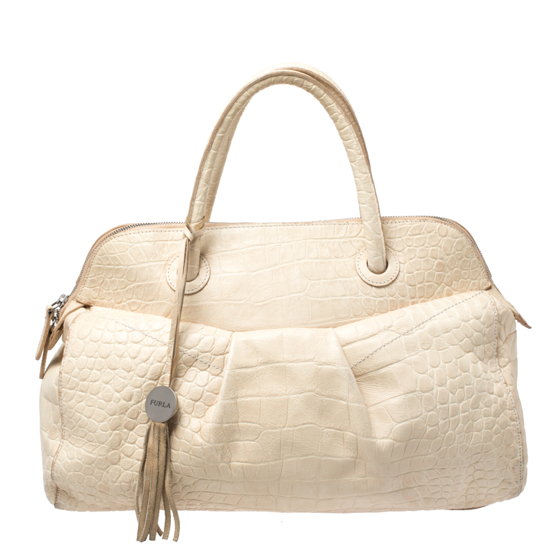 Image of Furla Cream Croc Embossed Leather Tassel Satchel