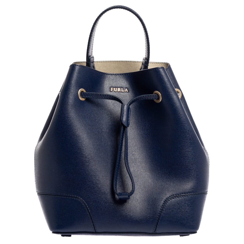 Image of Furla Blue Leather Stacy Drawstring Bucket Bag