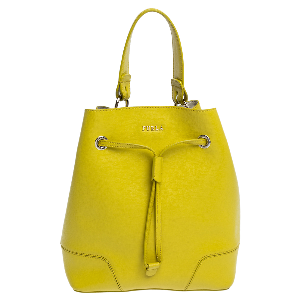 Image of Furla Yellow Leather Stacy Drawstring Bucket Bag