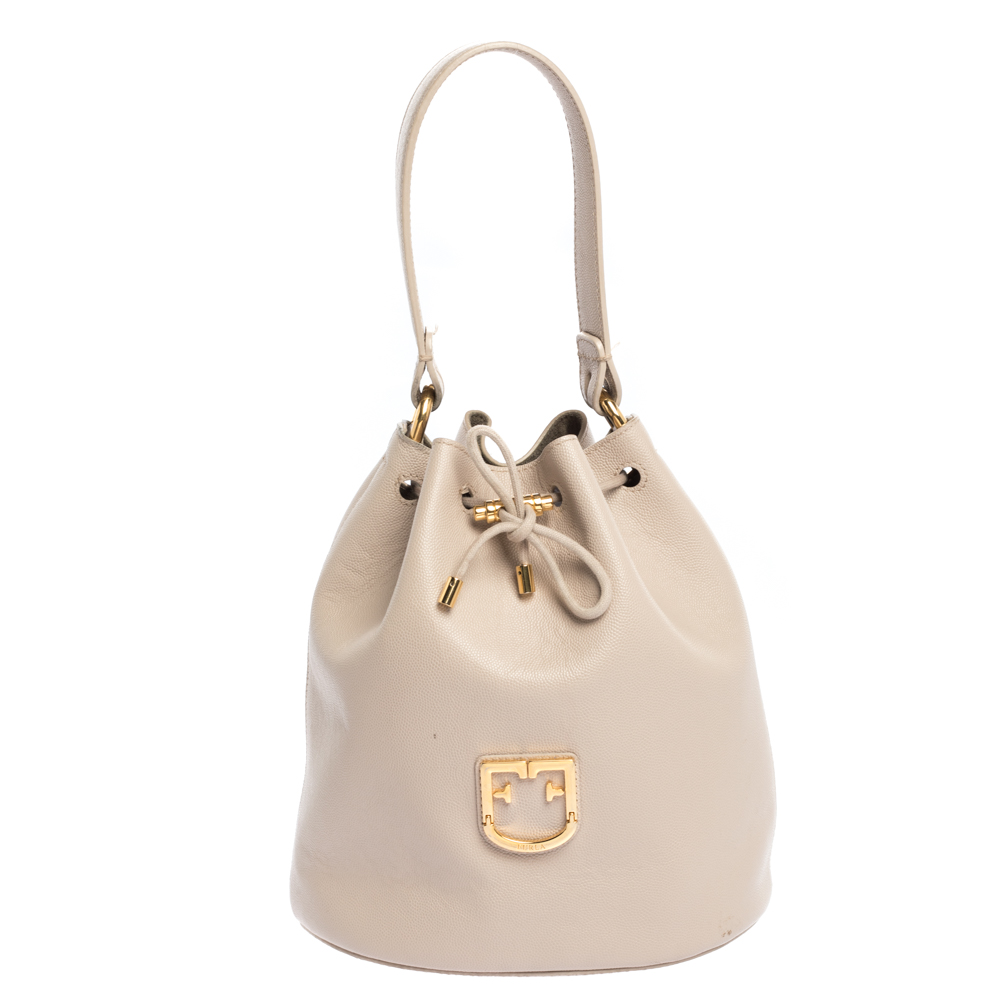 Image of Furla Nude Leather Drawstring Bucket Bag