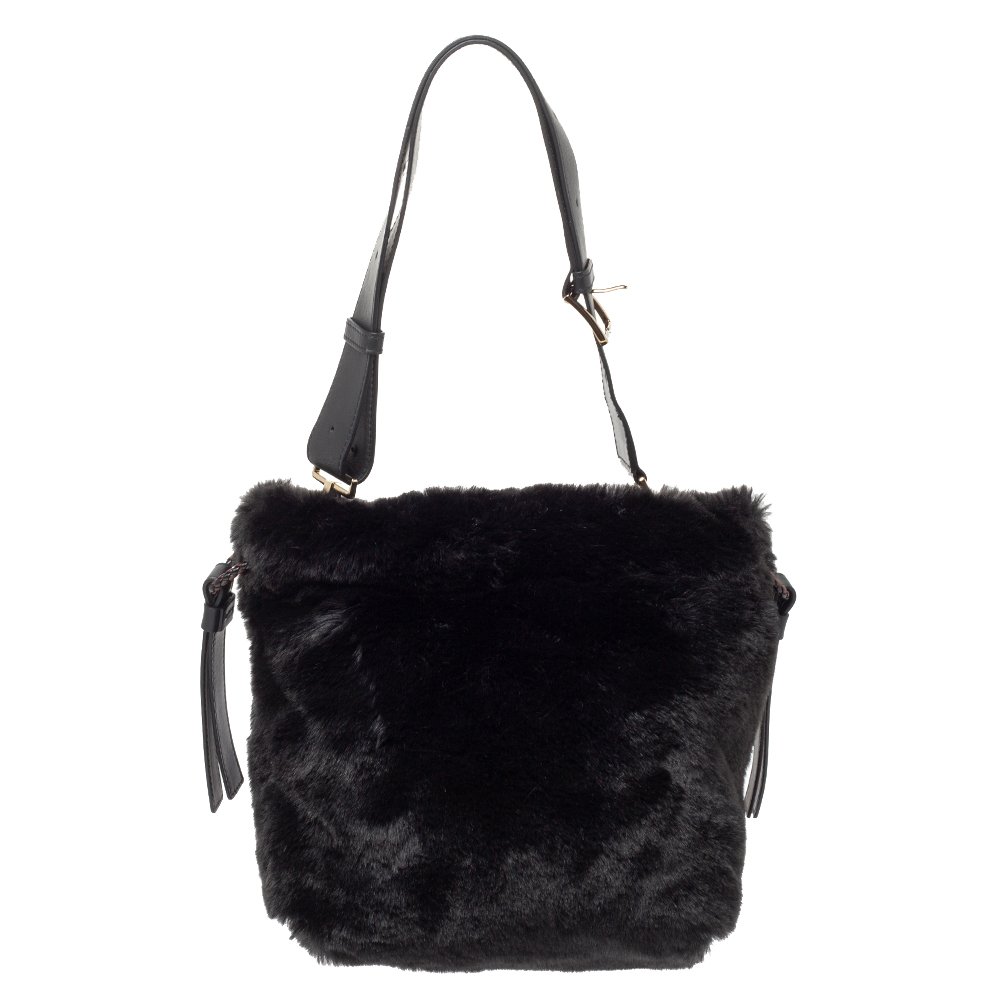 Image of Furla Black Faux Fur Caos Bucket Bag