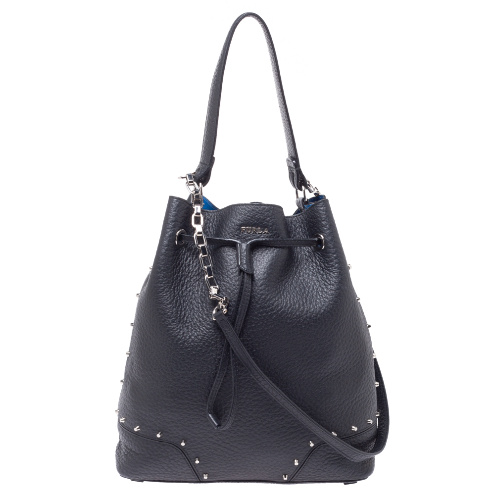 Image of Furla Black Leather Drawstring Bucket Bag