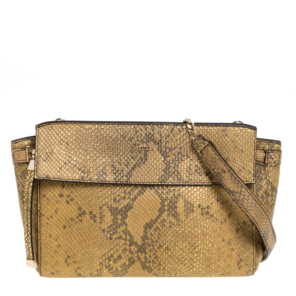 Image of Furla Gold Snakeskin Effect Leather Shoulder Bag