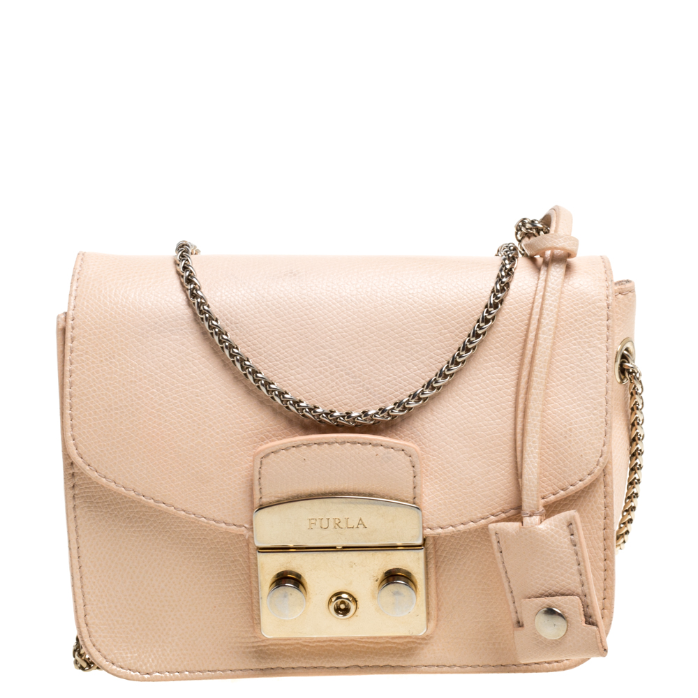 Image of Furla Beige Leather Mini Metropolis Chain Shoulder Bag