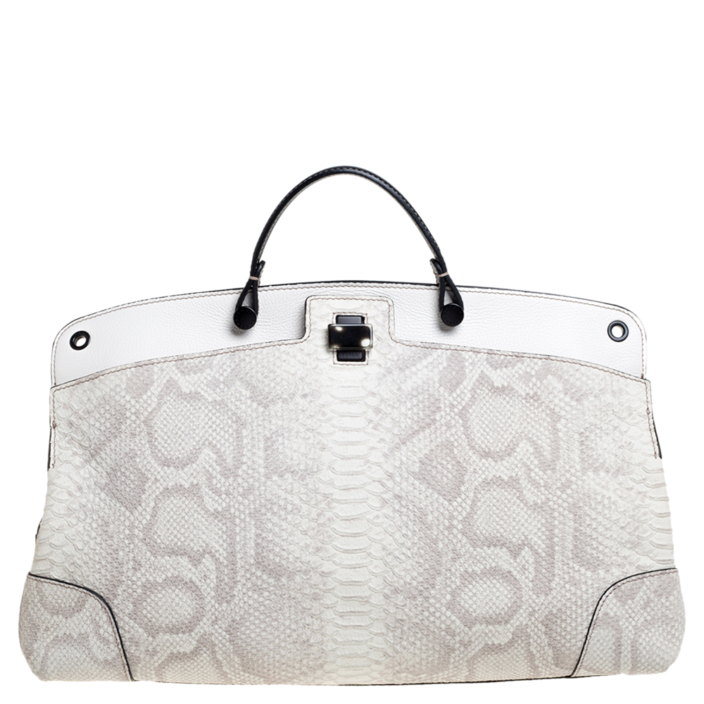 Image of Furla Cream Python Embossed Leather Large Piper Cartella Top Handle Bag