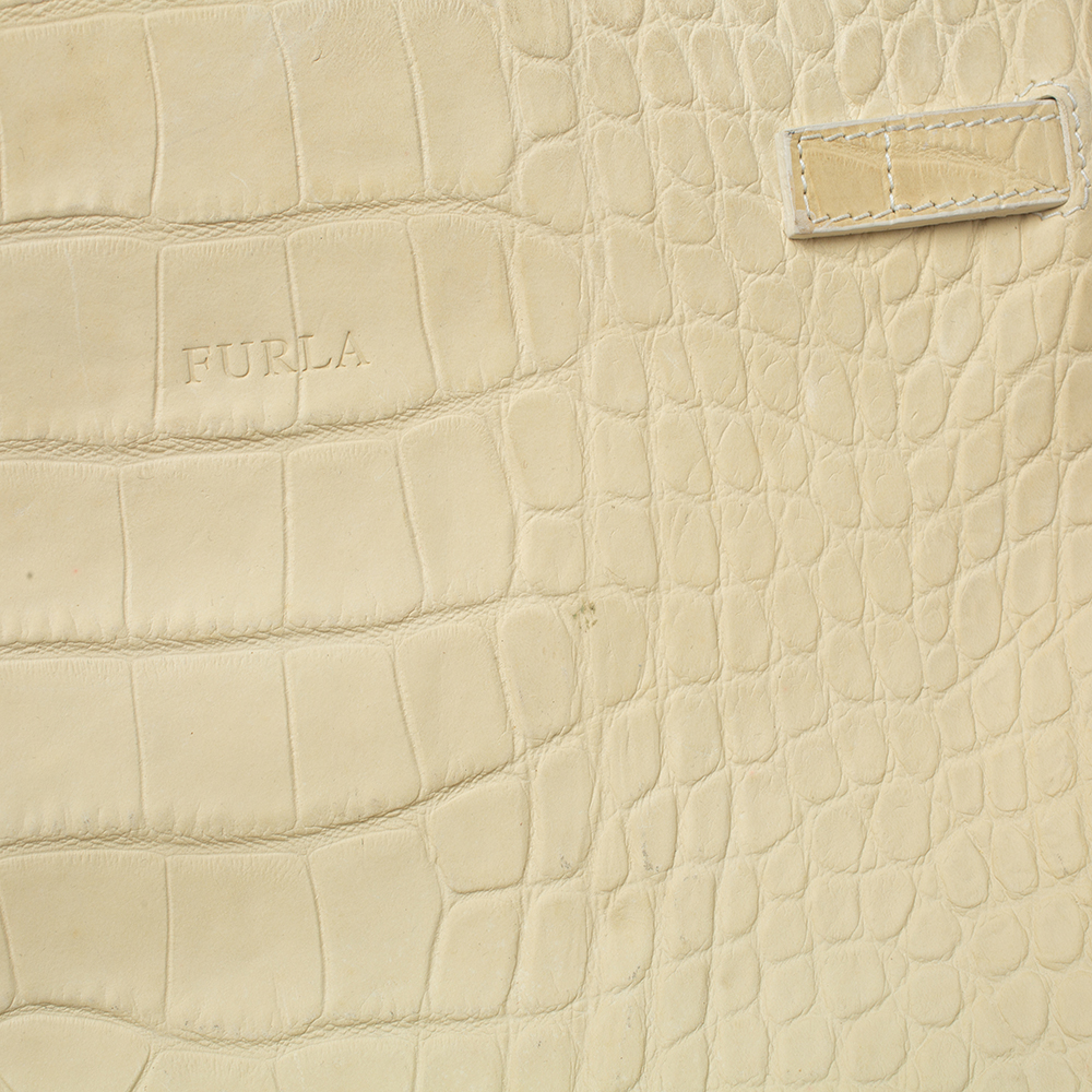 Furla Light Cream Croc Embossed Leather Presslock Tote