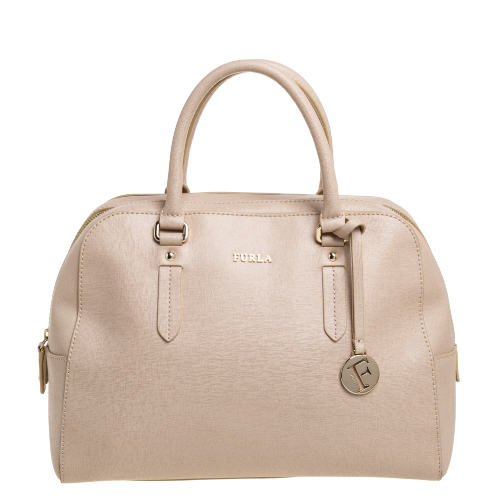 Image of Furla Light Beige Leather Logo Satchel
