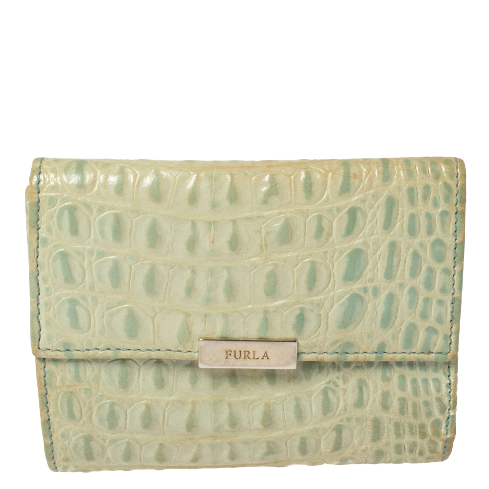 Furla Mint Green Croc Embossed Leather Compact Wallet