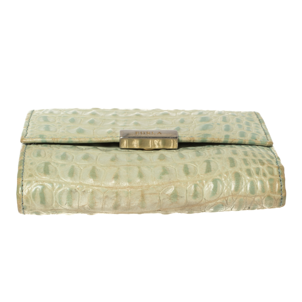 Furla Mint Green Croc Embossed Leather Compact Wallet