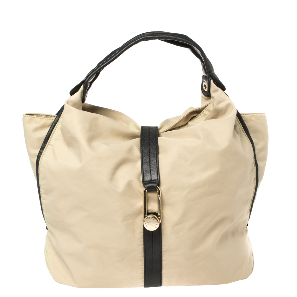 Image of Furla Beige/Black Nylon and Leather Clasp Flap Shoulder Bag