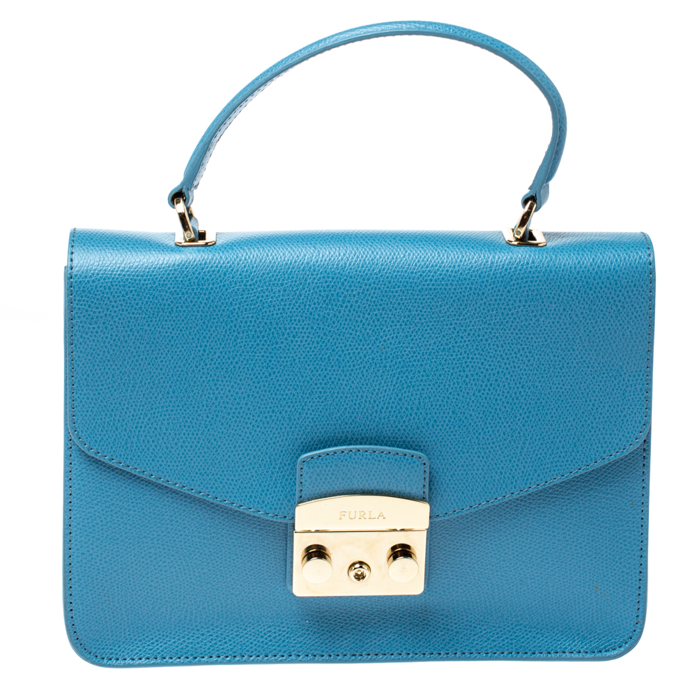 Image of Furla Light Blue Leather Metropolis Top Handle Bag