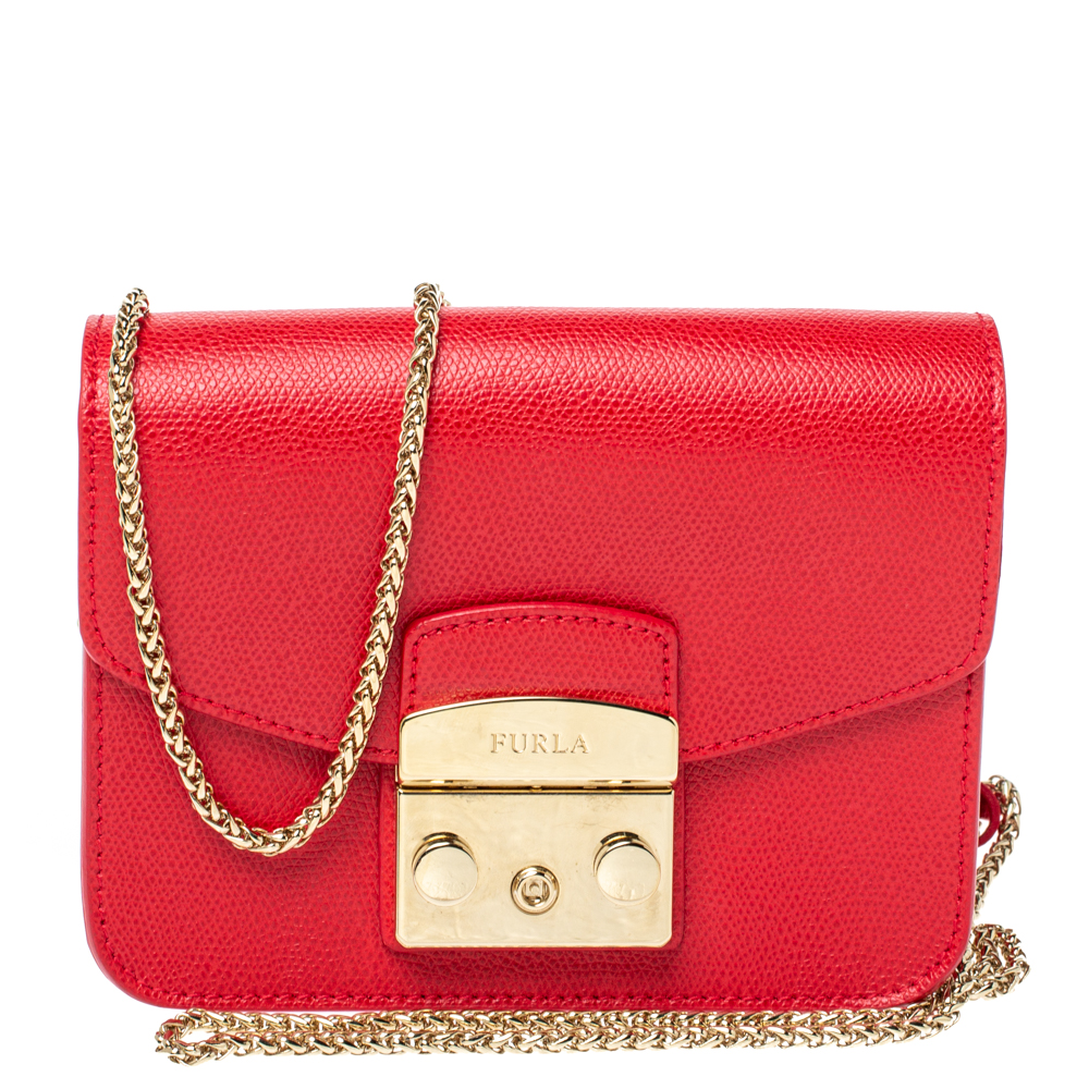 Image of Furla Red Leather Mini Metropolis Chain Shoulder Bag