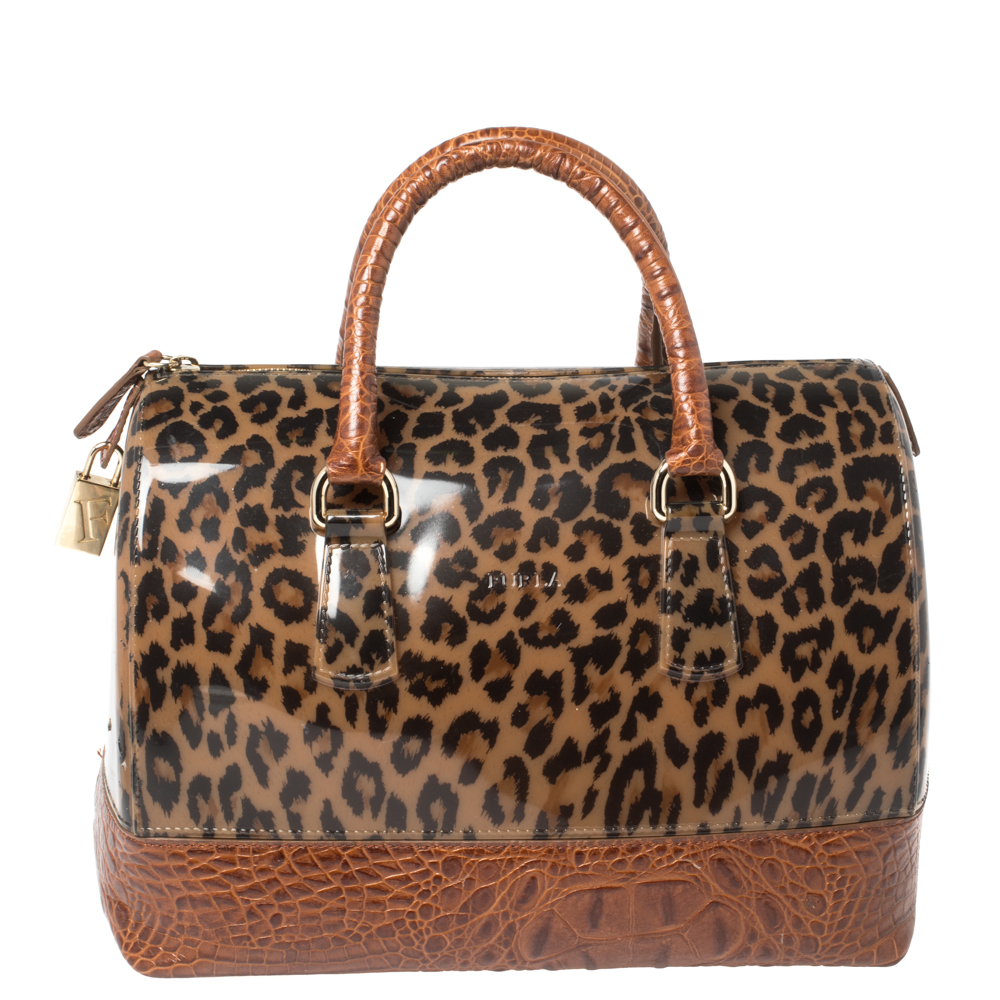 Image of Furla Brown Leopard Print Rubber and Croc Embossed Leather Medium Candy Satchel