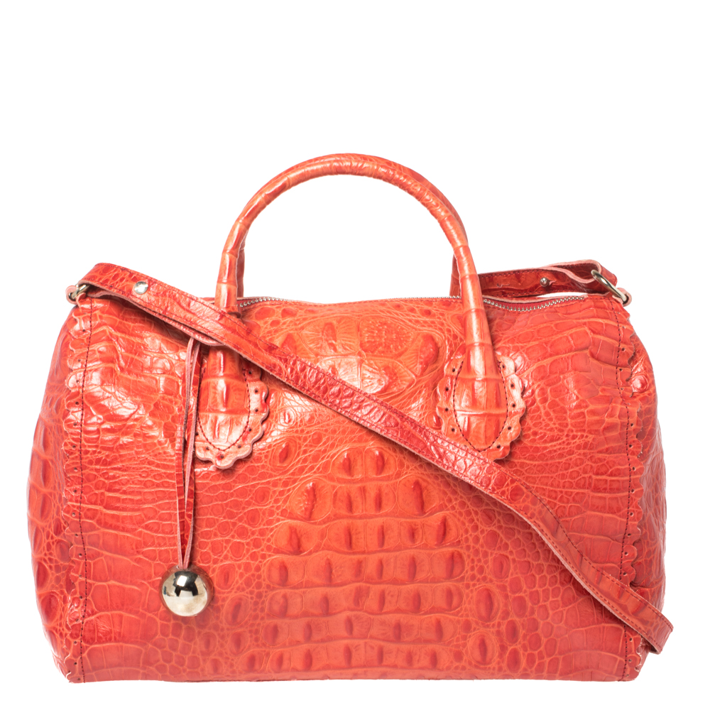 Image of Furla Crimson Red Croc Embossed Leather Satchel