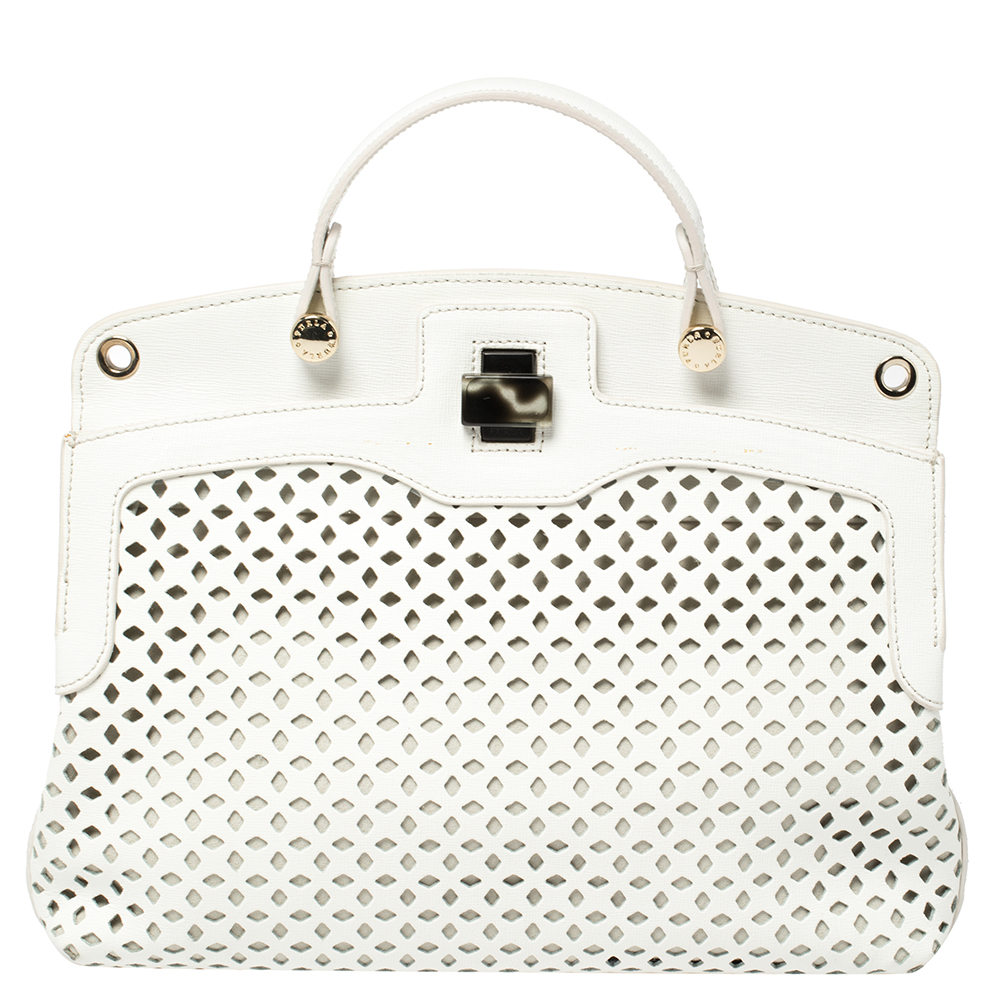 Image of Furla White Leather Piper Perforated Top Handle Bag