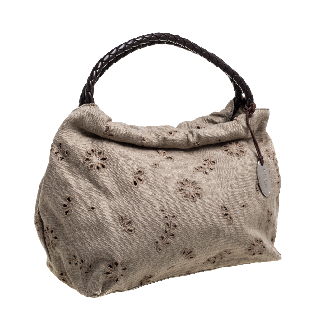 Furla Beige Canvas And Brown Leather Floral Cut Out Shoulder Bag