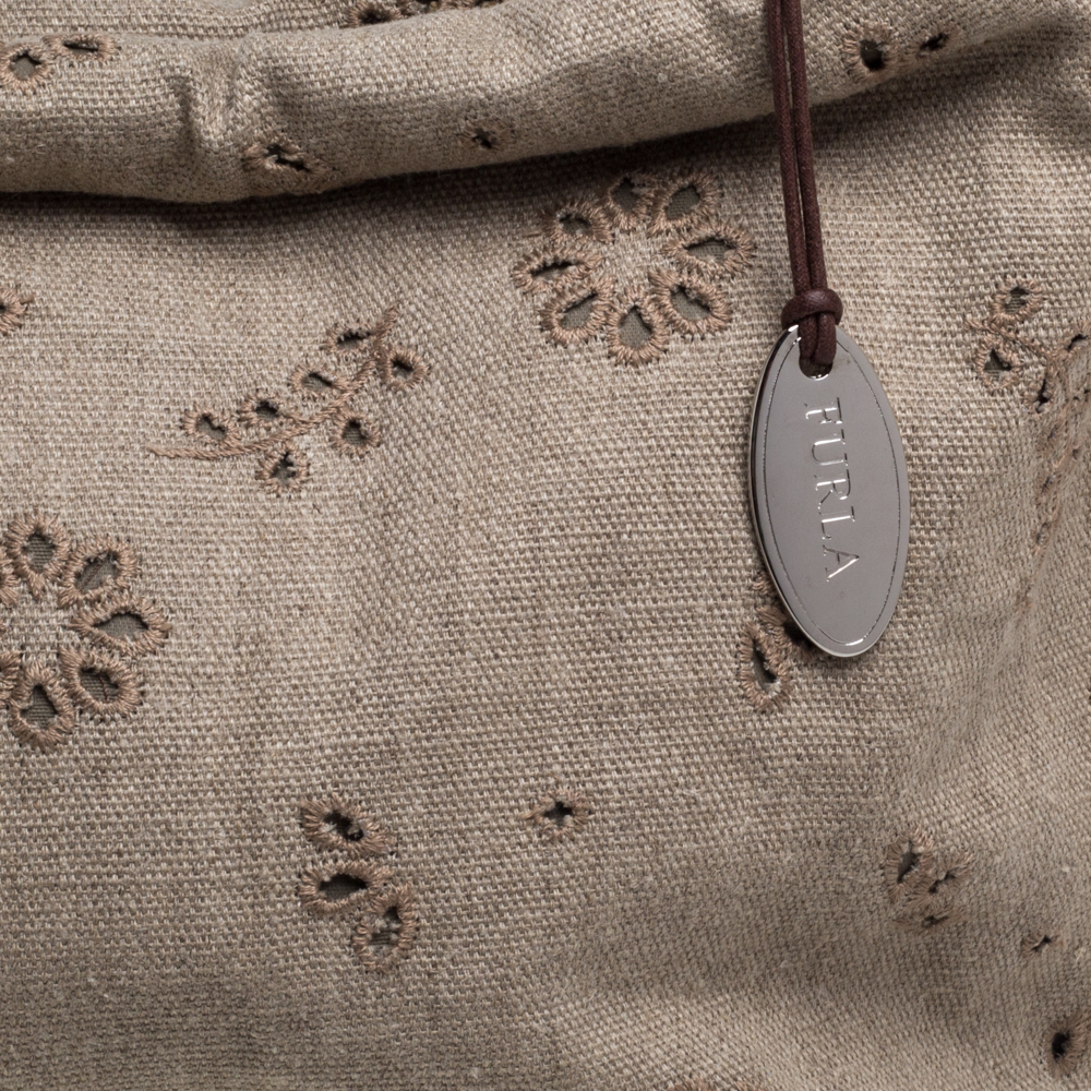 Furla Beige Canvas And Brown Leather Floral Cut Out Shoulder Bag
