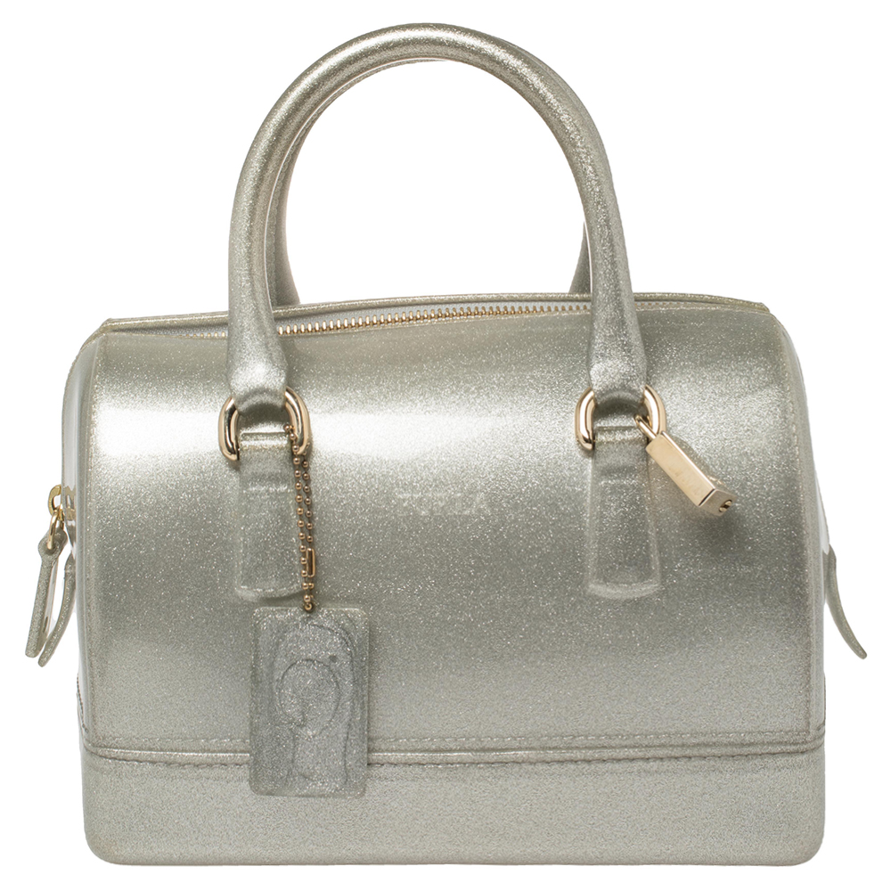 Furla Grey/Silver Shimmering Glossy Rubber Candy Satchel