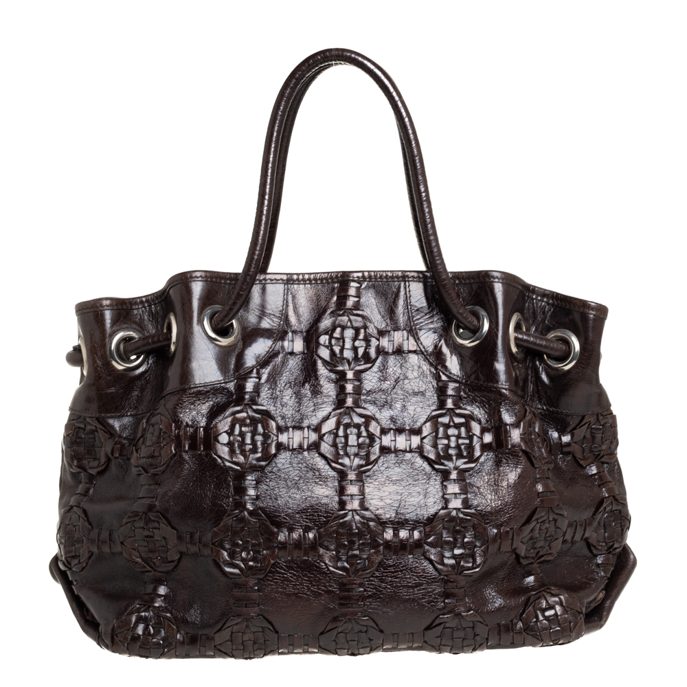 Furla Dark Brown Woven Leather Shoulder Bag