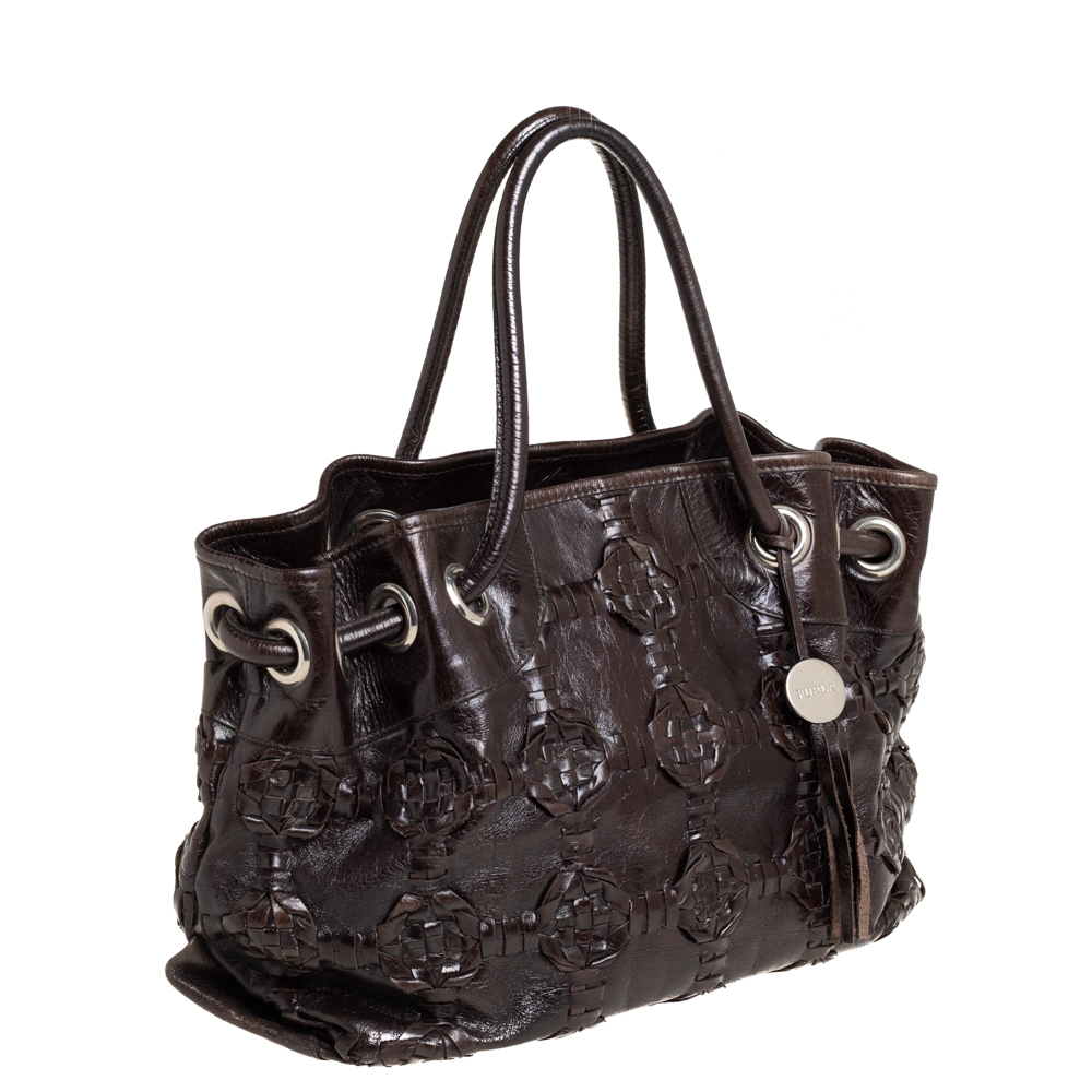 Furla Dark Brown Woven Leather Shoulder Bag