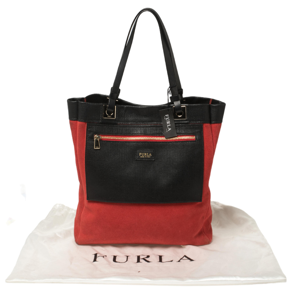 Furla Red/Black Textured Leather And Suede Tote