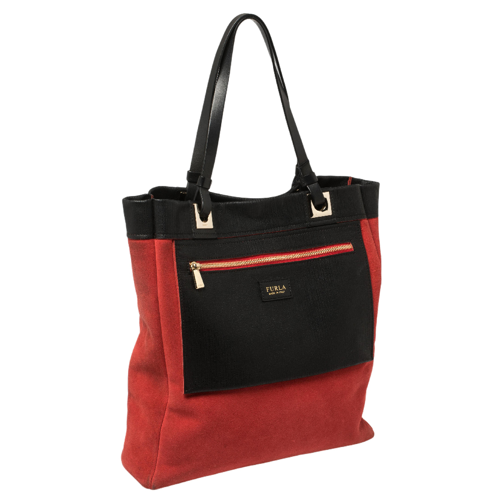 Furla Red/Black Textured Leather And Suede Tote