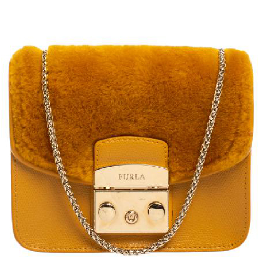 Furla Mustard Leather and Fur Mini Metropolis Crossbody Bag