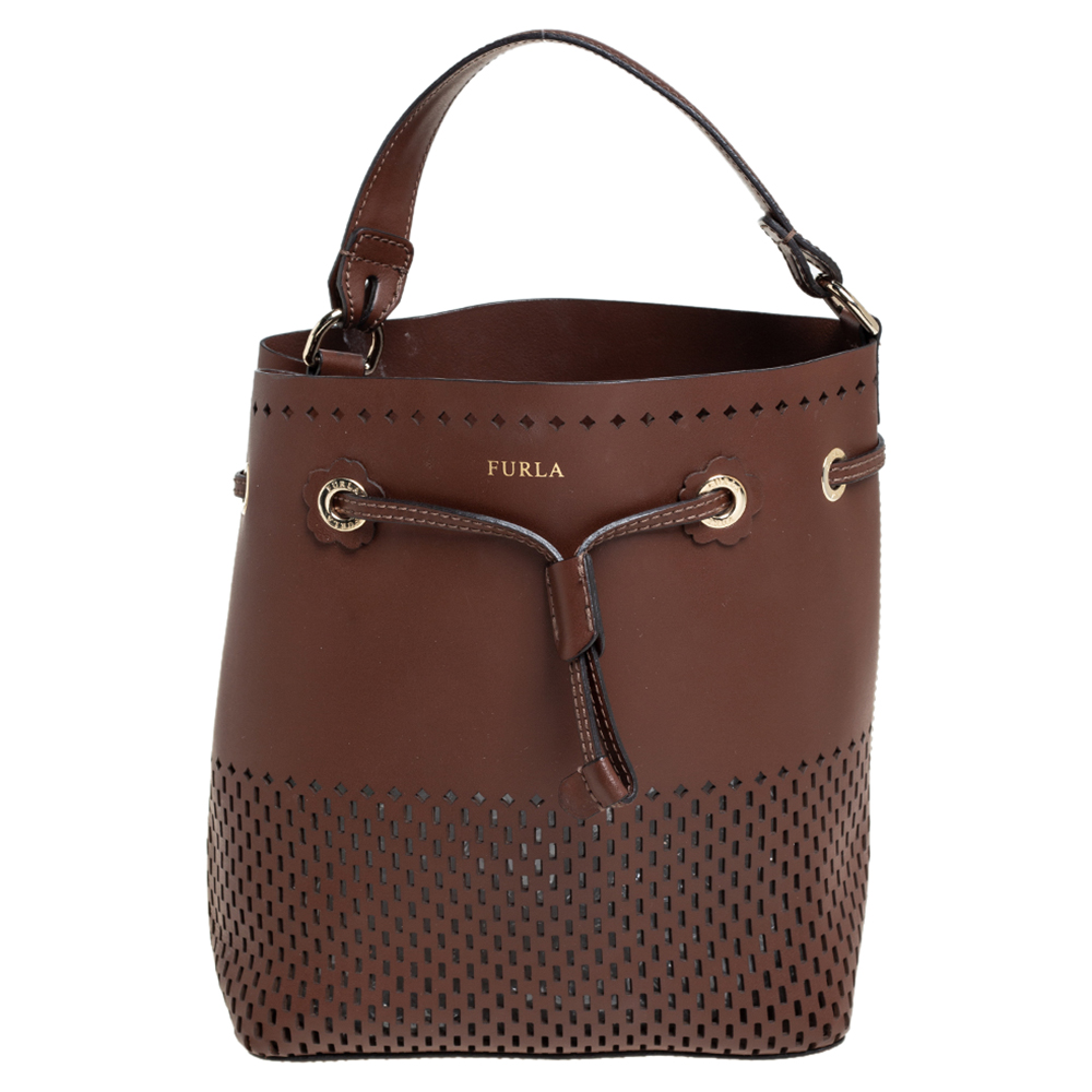 Furla Brown Perforated Leather Stacy Drawstring Bucket Bag