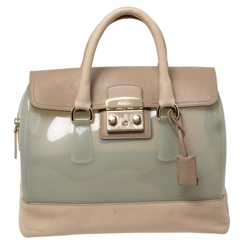 Furla Beige/Mint Green Rubber and Leather Candy Flap Satchel