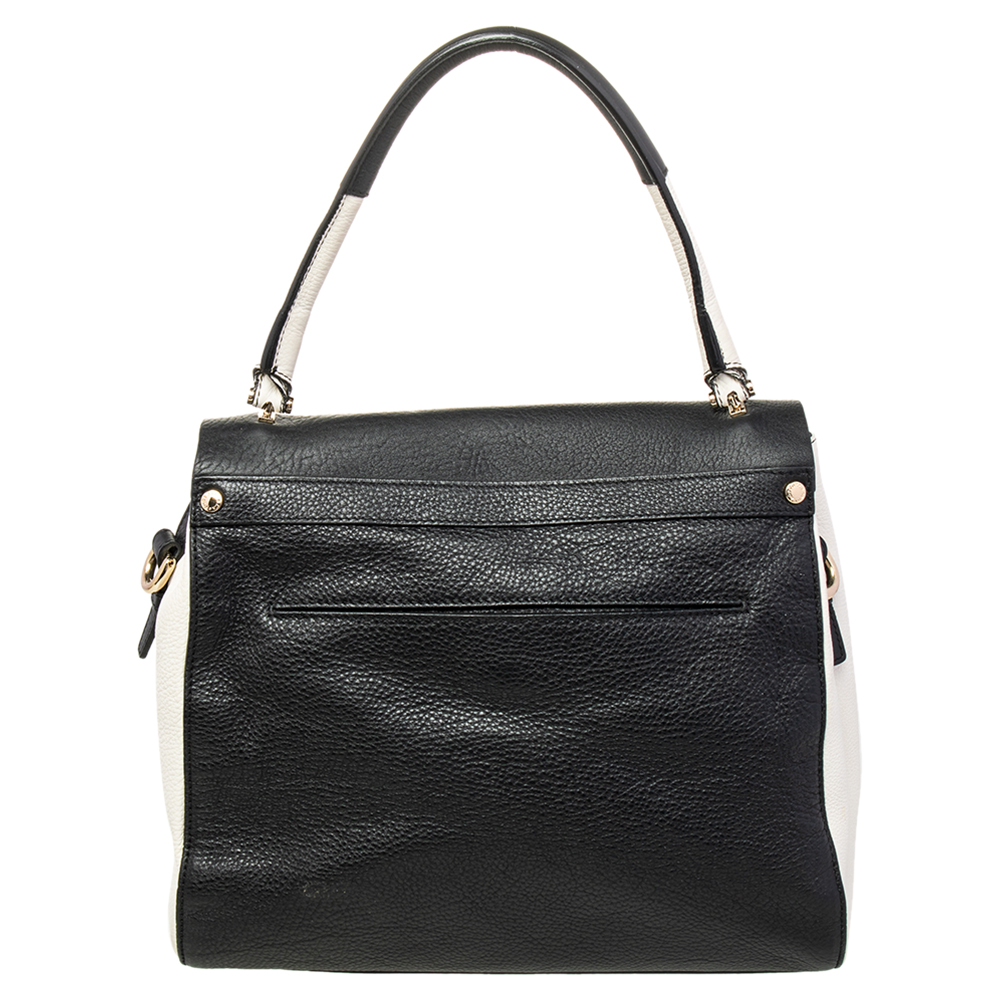 Furla Black/White Leather Flap Top Handle Bag