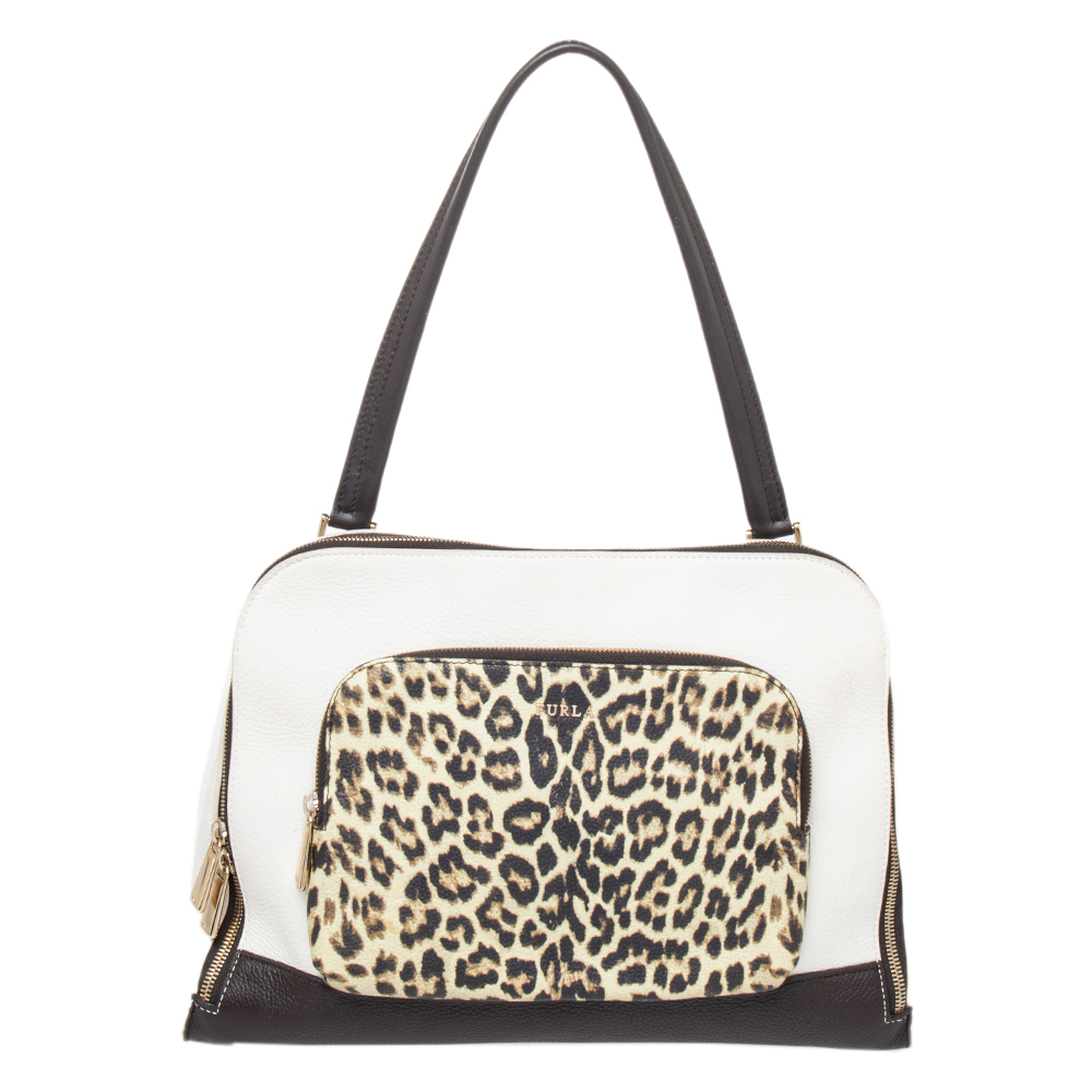 Furla White/Brown Leopard Print Leather Satchel