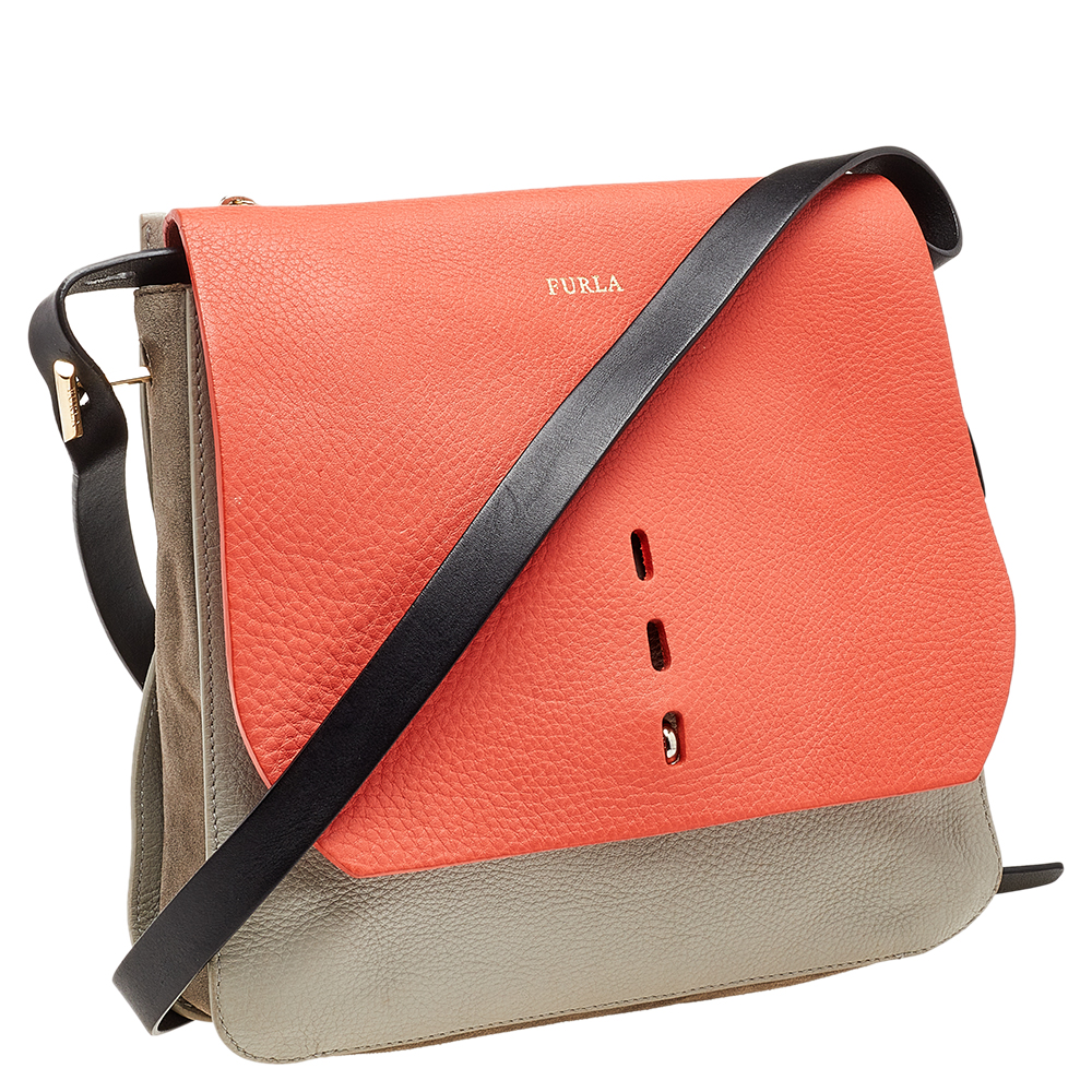 Furla Orange/Grey Leather And Suede Flap Shoulder Bag