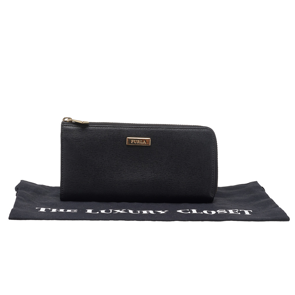 Furla Black Leather Zip Around Wallet