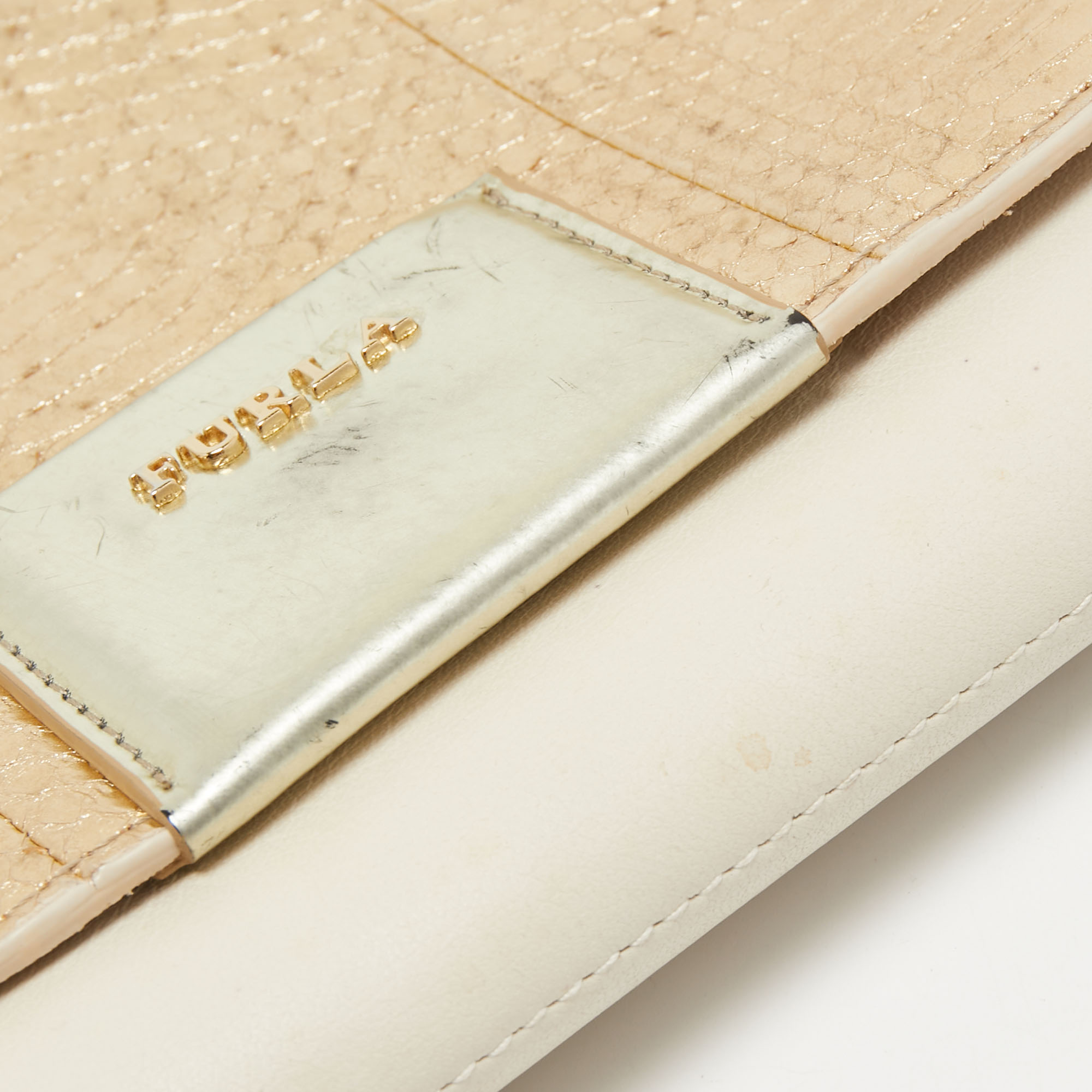 Furla Gold/Cream Leather And Python Embossed Leather Shoulder Bag