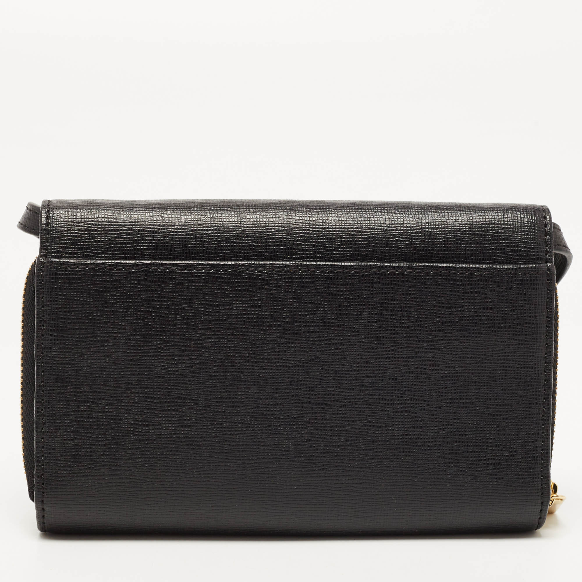 Furla Black Leather Logo Flap Wallet On Strap