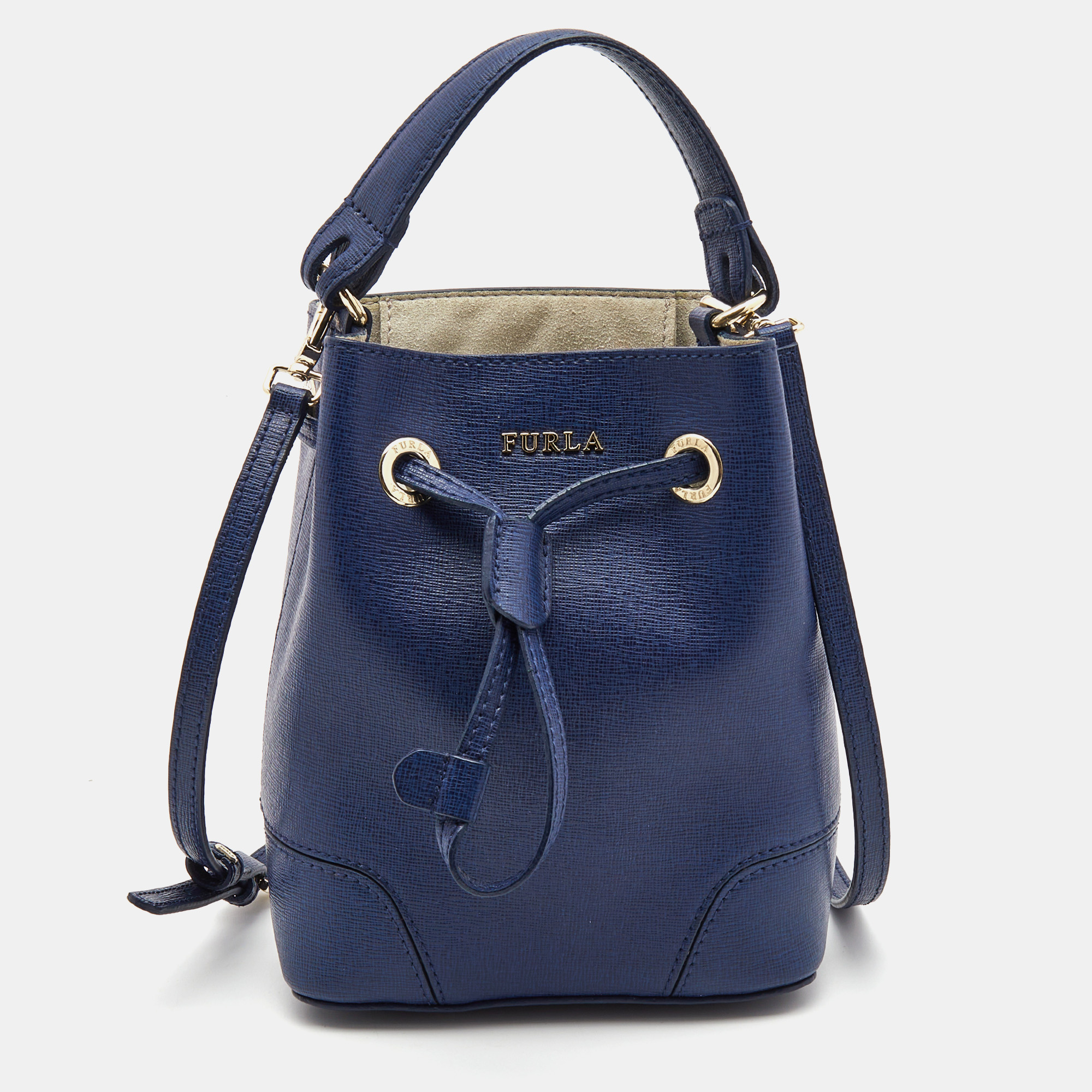 Furla Blue Leather Mini Stacy Drawstring Bucket Bag